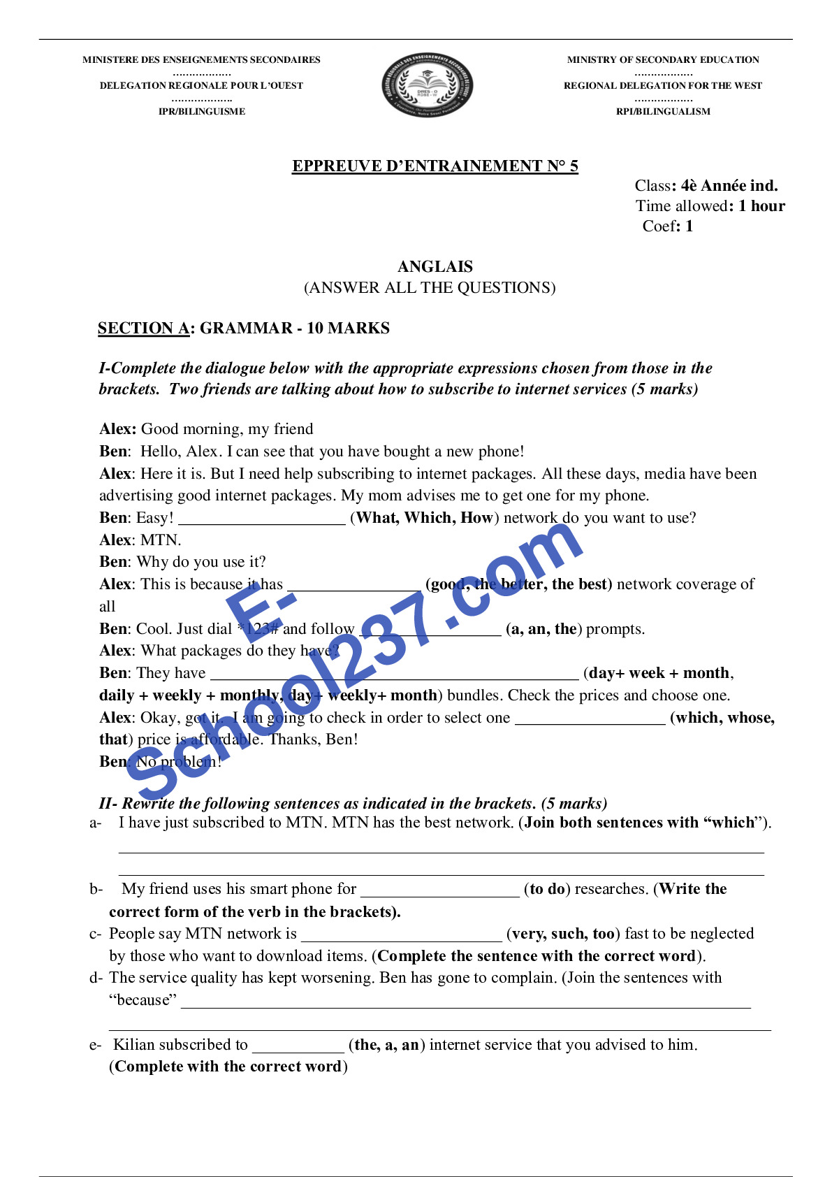 DRES-OUEST ÉPREUVE D'ANGLAIS 4ANNÉE N⁰5